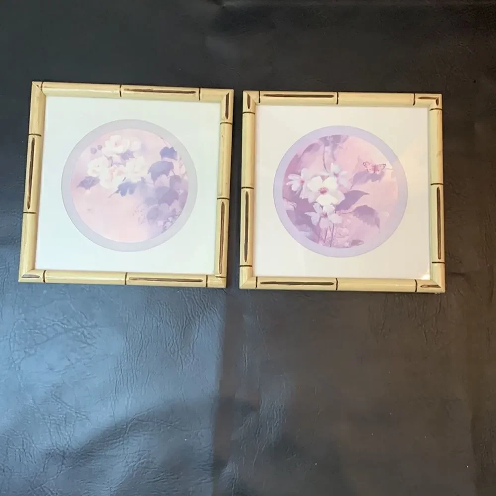 Bamboo Framed Floral Butterfly Prints 11 In Square Set 2 Included Wall Hanging